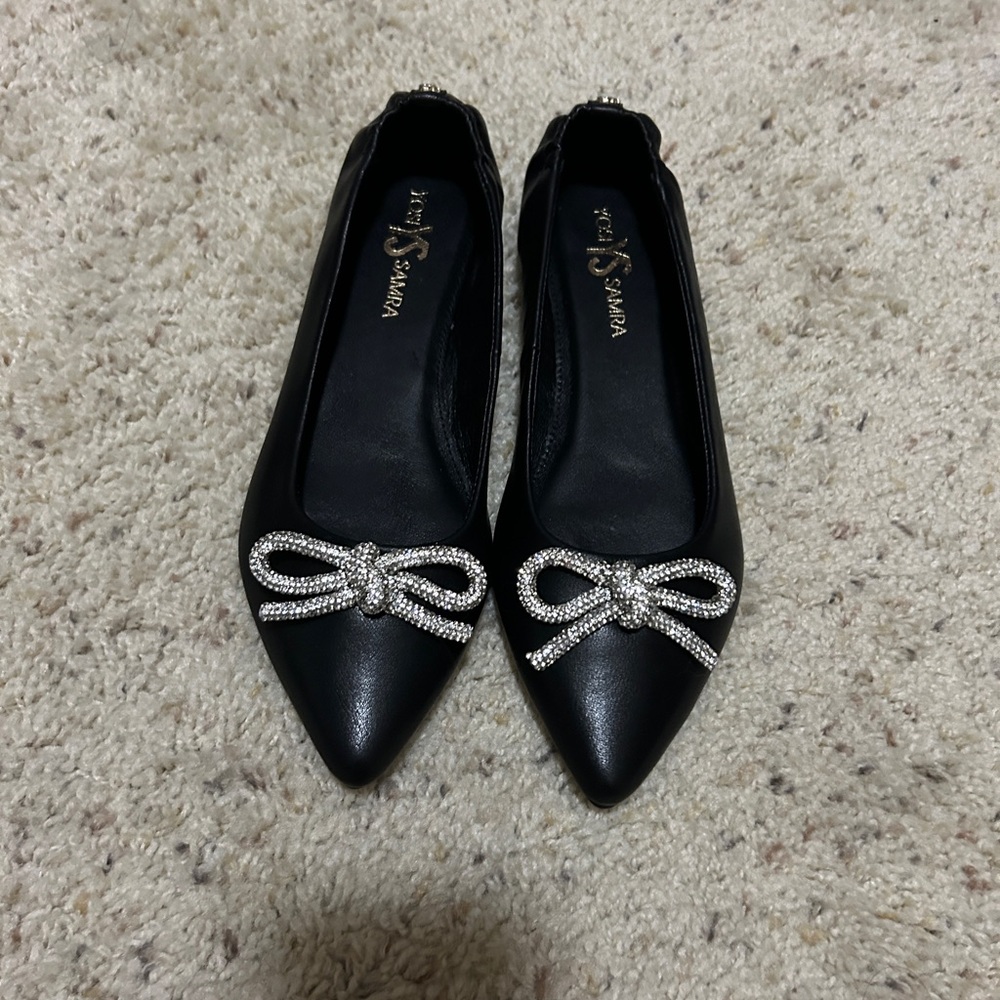 Yosi Samra Vivienne Crystal Bow Flats in Black Leather 7.5 New